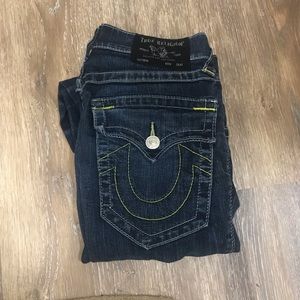 True Religion Rocco Yellow Stitch Blue Denim Relaxed Skinny Jeans